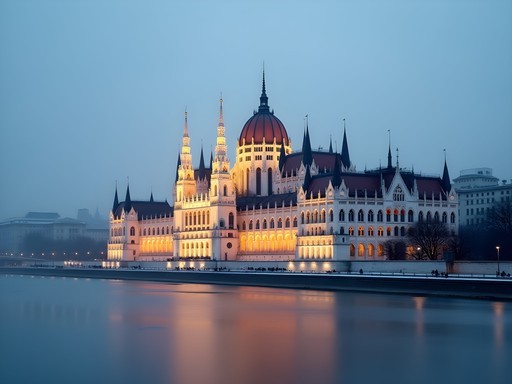 Hungarian Parliament Building in Budapest partially shrouded in winter fog with dramatic lighting