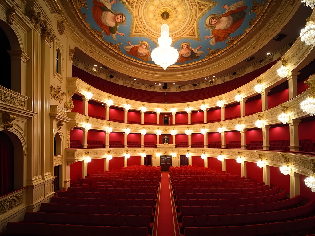 Ornate interior of the Hungarian State Opera House in Budapest with red velvet seating and gold architectural details