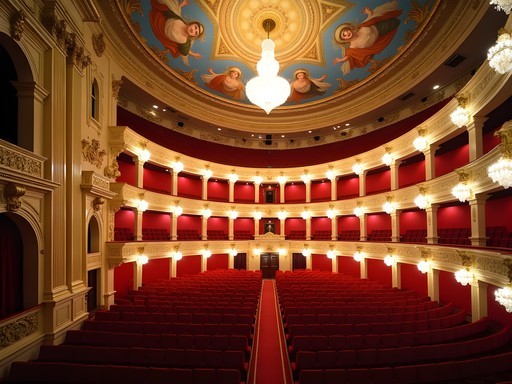 Ornate interior of the Hungarian State Opera House in Budapest with red velvet seating and gold architectural details