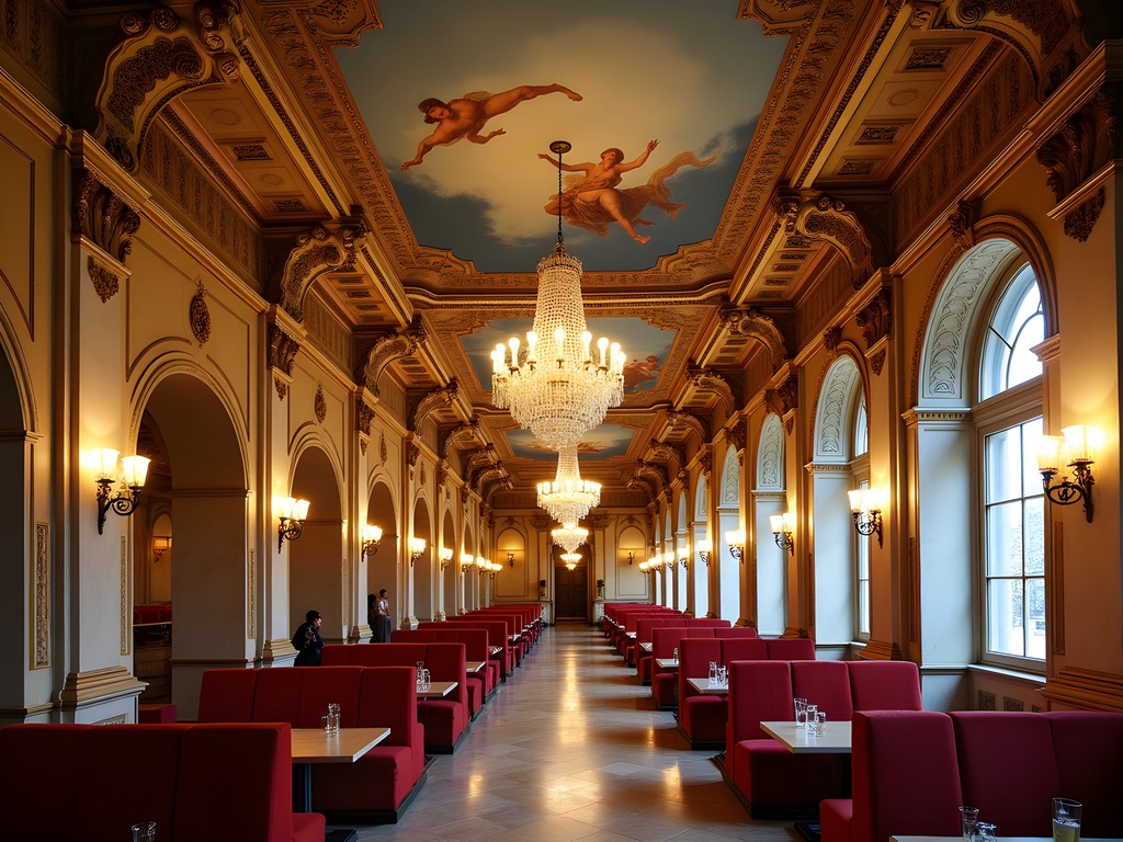 Ornate interior of the historic New York Café in Budapest with Renaissance ceiling frescoes and gold details