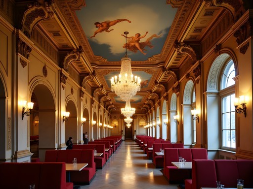 Ornate interior of the historic New York Café in Budapest with Renaissance ceiling frescoes and gold details
