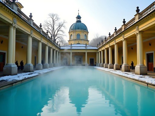 Steaming outdoor pools of Széchenyi Thermal Baths in Budapest during winter with neo-baroque architecture