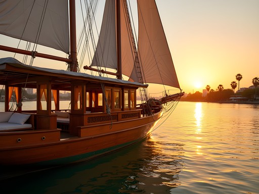 Private luxury dahabiya sailing vessel on the Nile at sunset