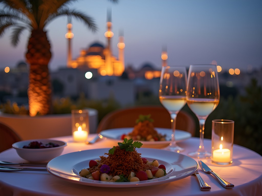 Private luxury rooftop dining experience overlooking historic Cairo with traditional Egyptian cuisine