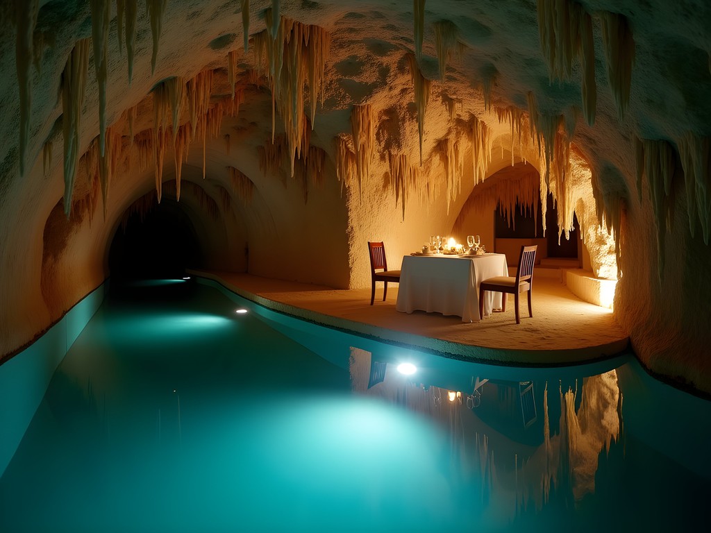 Exclusive private dinner setup inside Ik Kil cenote with atmospheric lighting