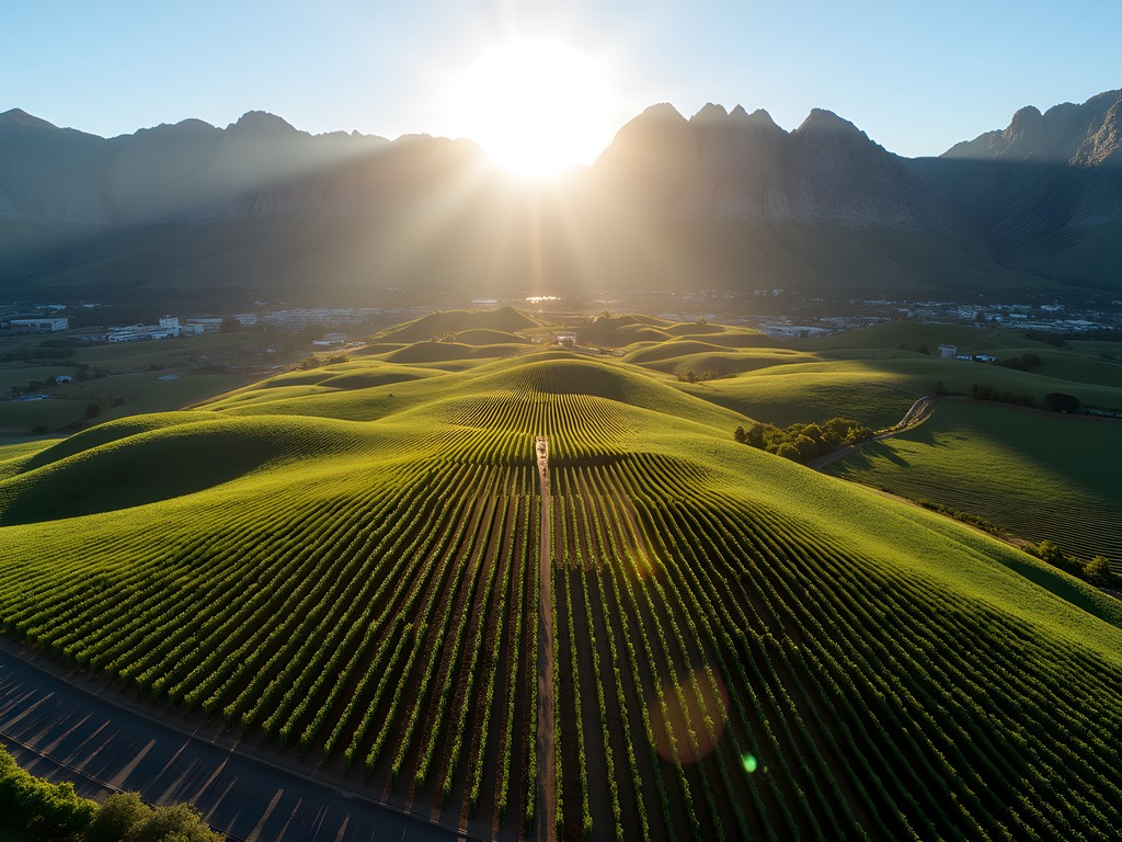 Aerial view of geometric vineyard patterns in Cape Winelands from helicopter