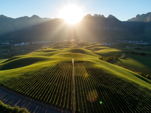 Aerial view of geometric vineyard patterns in Cape Winelands from helicopter