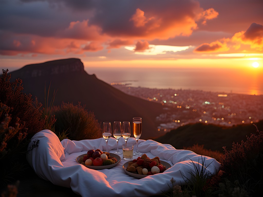 Private sunset experience on Table Mountain with champagne picnic and city lights below