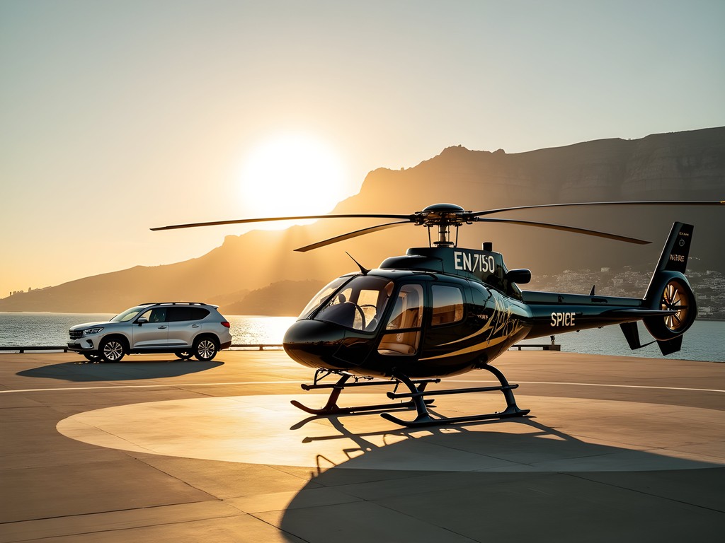 Luxury helicopter safari departure from Cape Town waterfront with Table Mountain backdrop