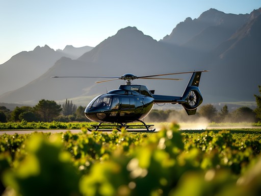 Luxury helicopter landing at Delaire Graff Estate with Table Mountain in background