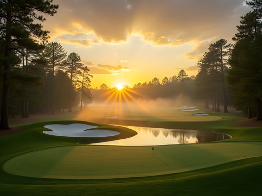 Sunrise over Prestonwood Country Club golf course in Cary with morning mist rising from fairways