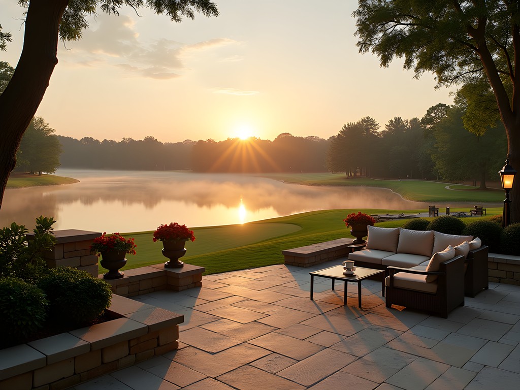 Luxurious lakeside view from The Umstead Hotel in Cary at sunrise with elegant outdoor seating