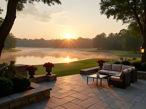 Luxurious lakeside view from The Umstead Hotel in Cary at sunrise with elegant outdoor seating