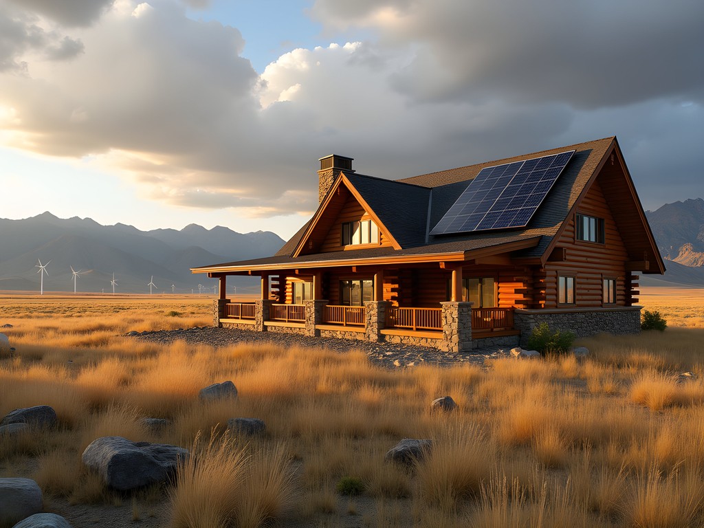 Luxury ranch cabin with integrated solar panels against Wyoming mountain backdrop