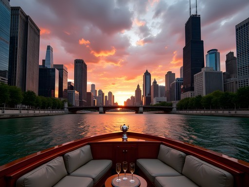 Luxury private architecture river cruise in Chicago at sunset