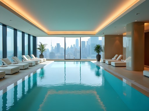 Luxurious indoor pool at Peninsula Spa Chicago with city views