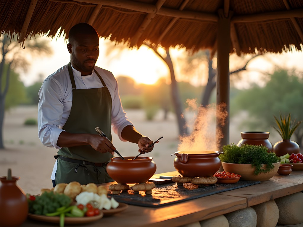 Traditional cooking lesson with local chef using indigenous ingredients in outdoor kitchen