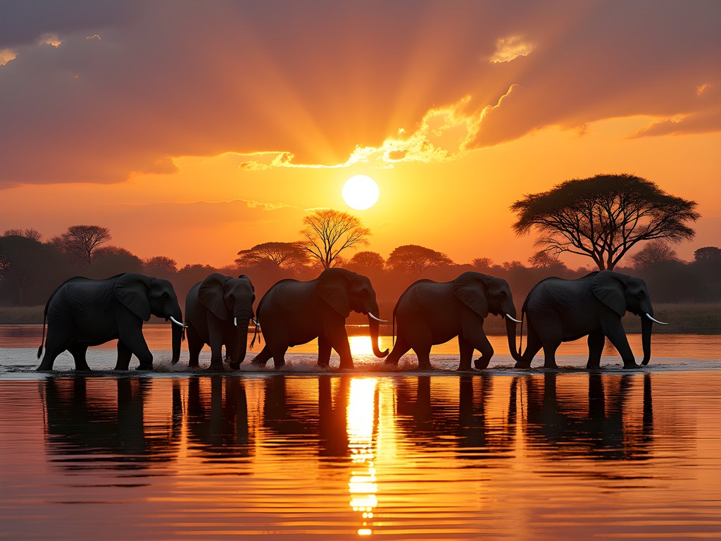 Herd of elephants crossing Chobe River at sunset with golden reflections in water