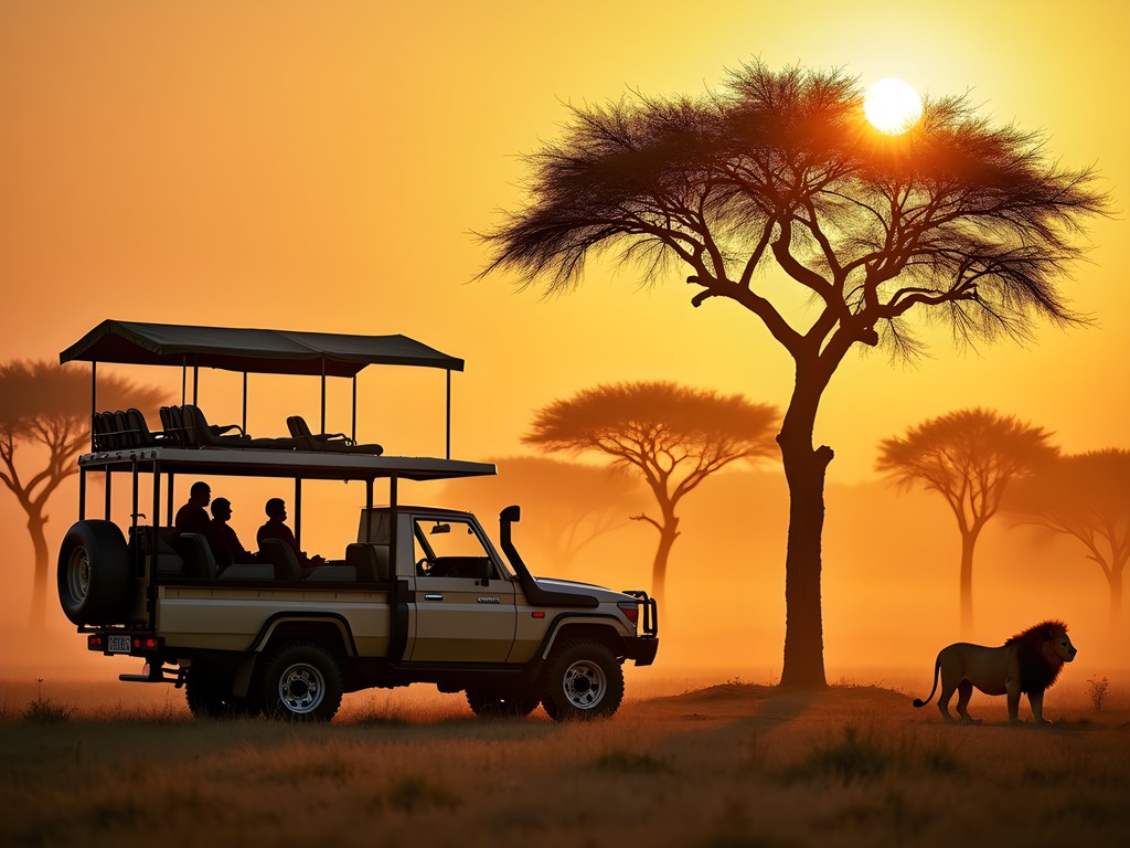 Luxury safari vehicle at sunrise in Chobe National Park with lions in foreground