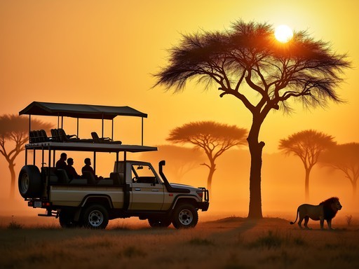 Luxury safari vehicle at sunrise in Chobe National Park with lions in foreground