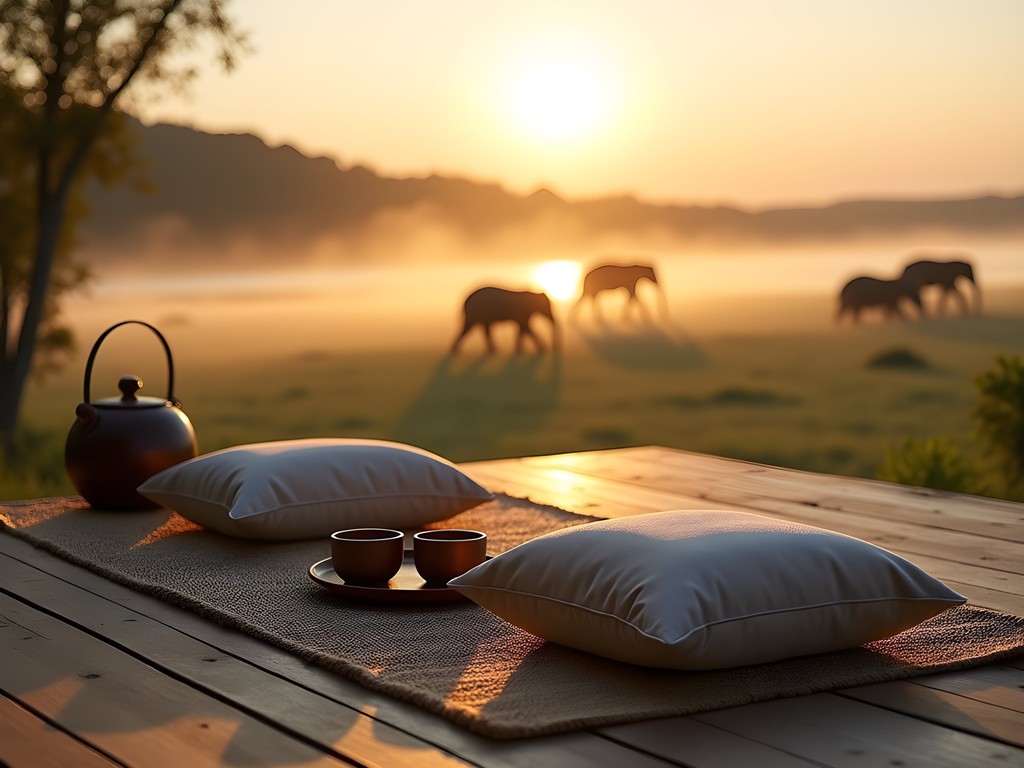 Meditation setup overlooking Chobe River at sunrise with cushions and tea service