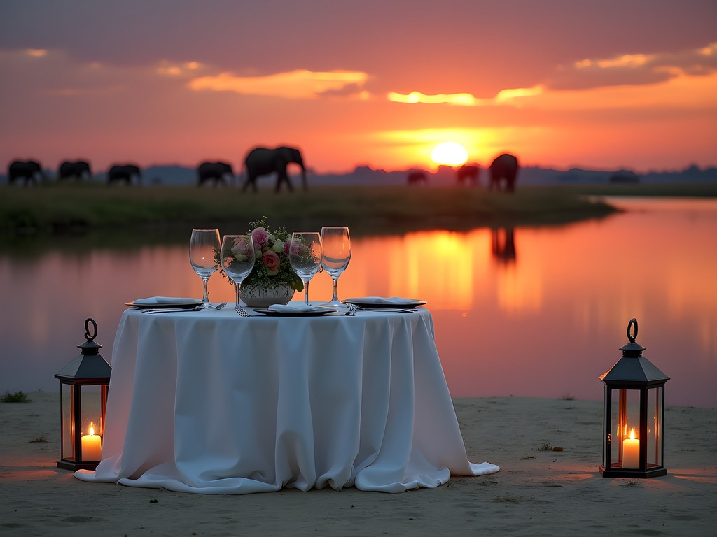 Luxury private dinner setup on sandbank in Chobe River with lanterns and sunset view
