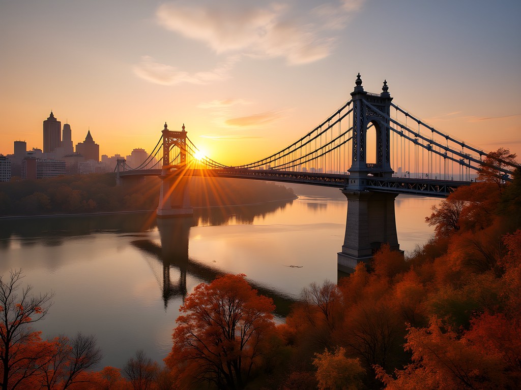 Sunrise over Ohio River and Roebling Suspension Bridge with fall colors in Cincinnati