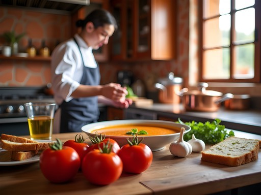 Luxury cooking class in traditional Cordoban kitchen with chef preparing authentic Andalusian dishes