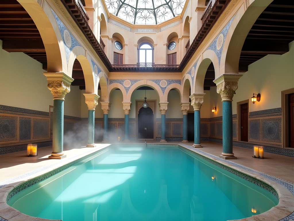 Luxurious Andalusian hammam spa in Cordoba with traditional Moorish architecture and atmospheric lighting