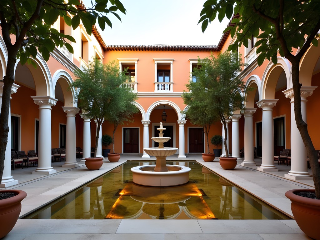Luxury hotel courtyard in Cordoba with traditional Andalusian architecture and fountain