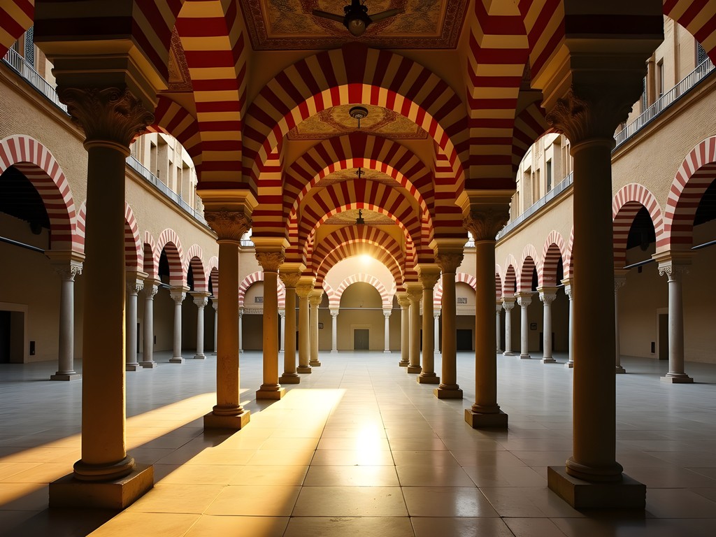 Empty interior of Cordoba's Mezquita showing the famous red and white arches in morning light
