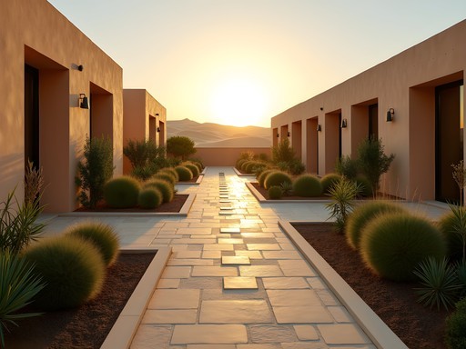 Luxurious healing garden with medicinal plants at Al Majlis Resort in Qatar desert at sunset