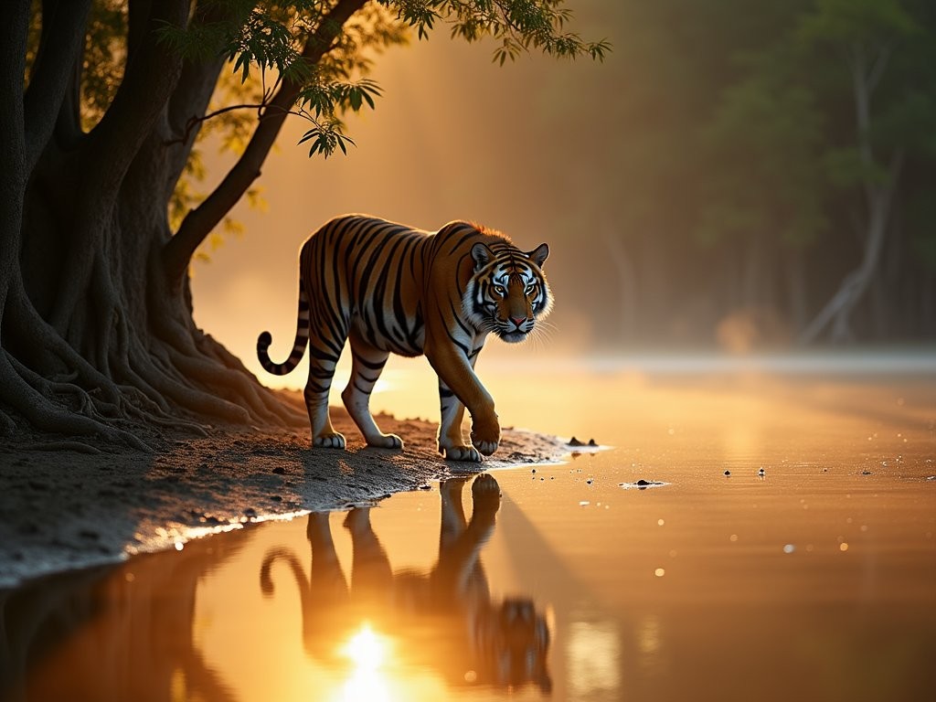 Bengal tiger walking along shoreline in Sundarbans mangrove forest
