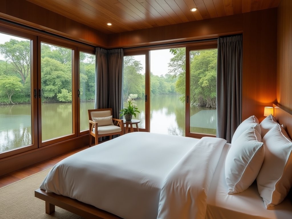 Luxury floating lodge suite with panoramic views of Sundarbans mangroves