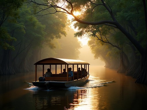 Luxury river vessel navigating through Sundarbans mangrove channels