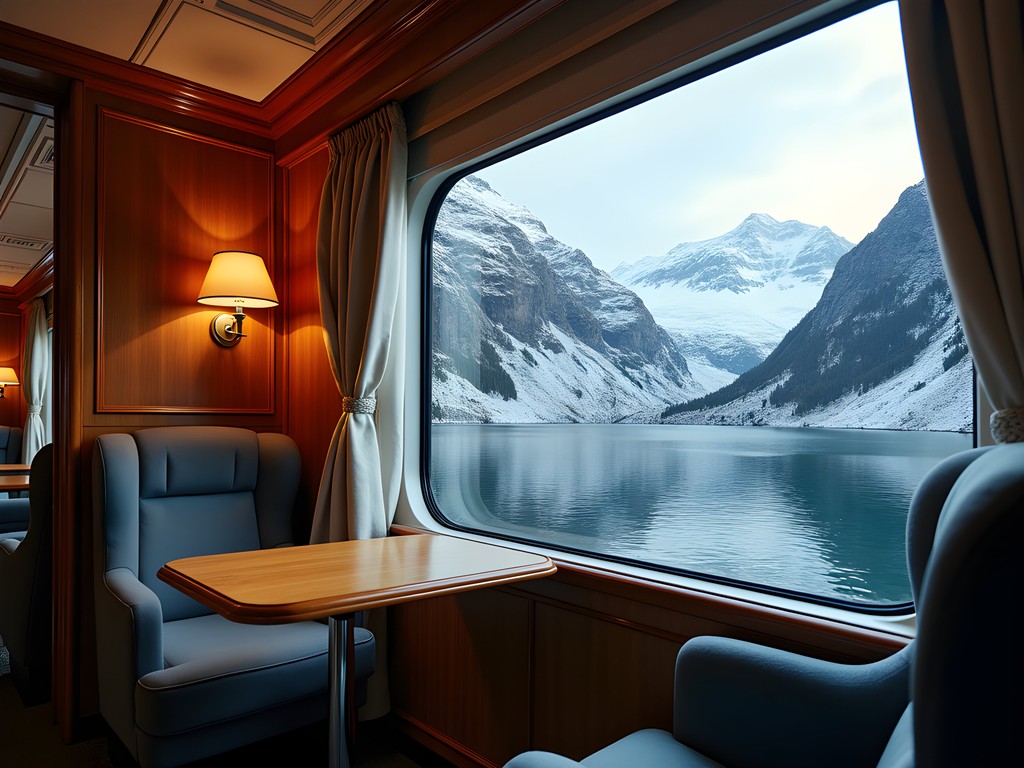 Luxury train compartment view of snow-capped mountains on the Bergen Railway