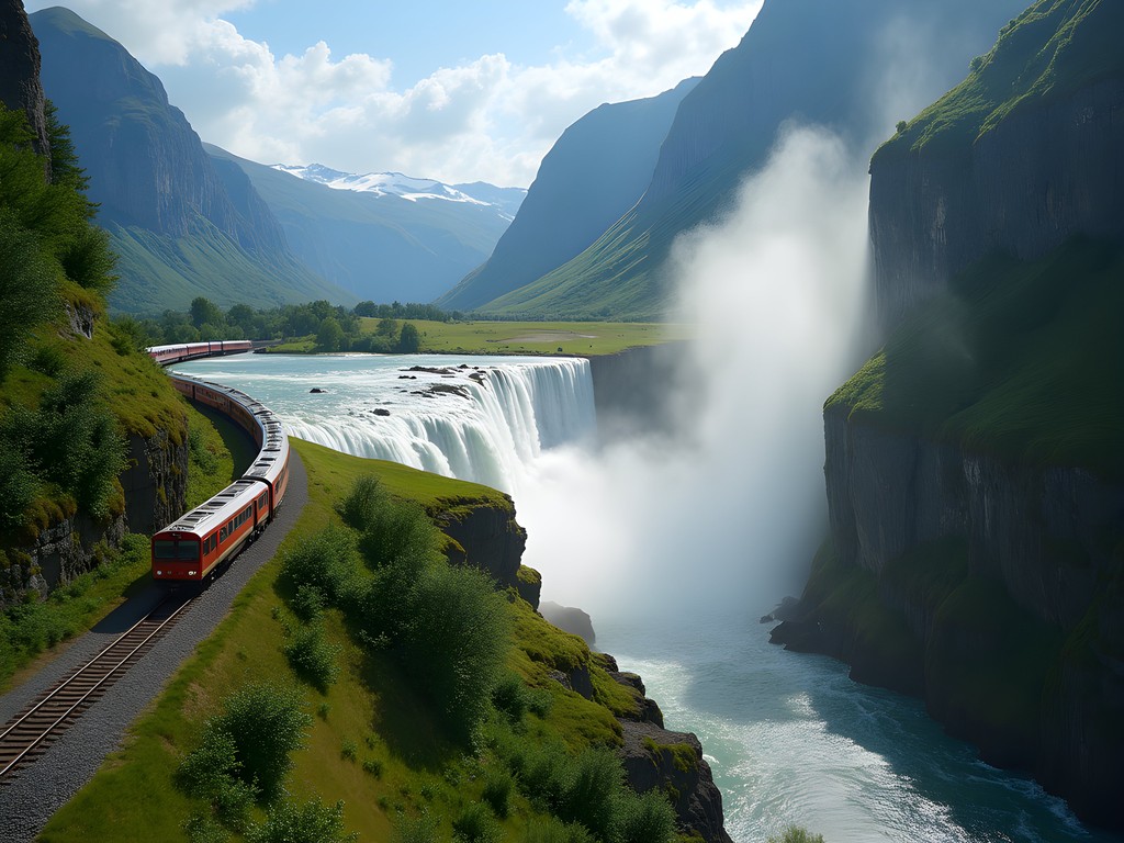 Dramatic waterfall view from the historic Flam Railway in Norway