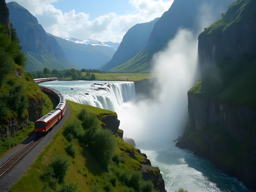 Dramatic waterfall view from the historic Flam Railway in Norway