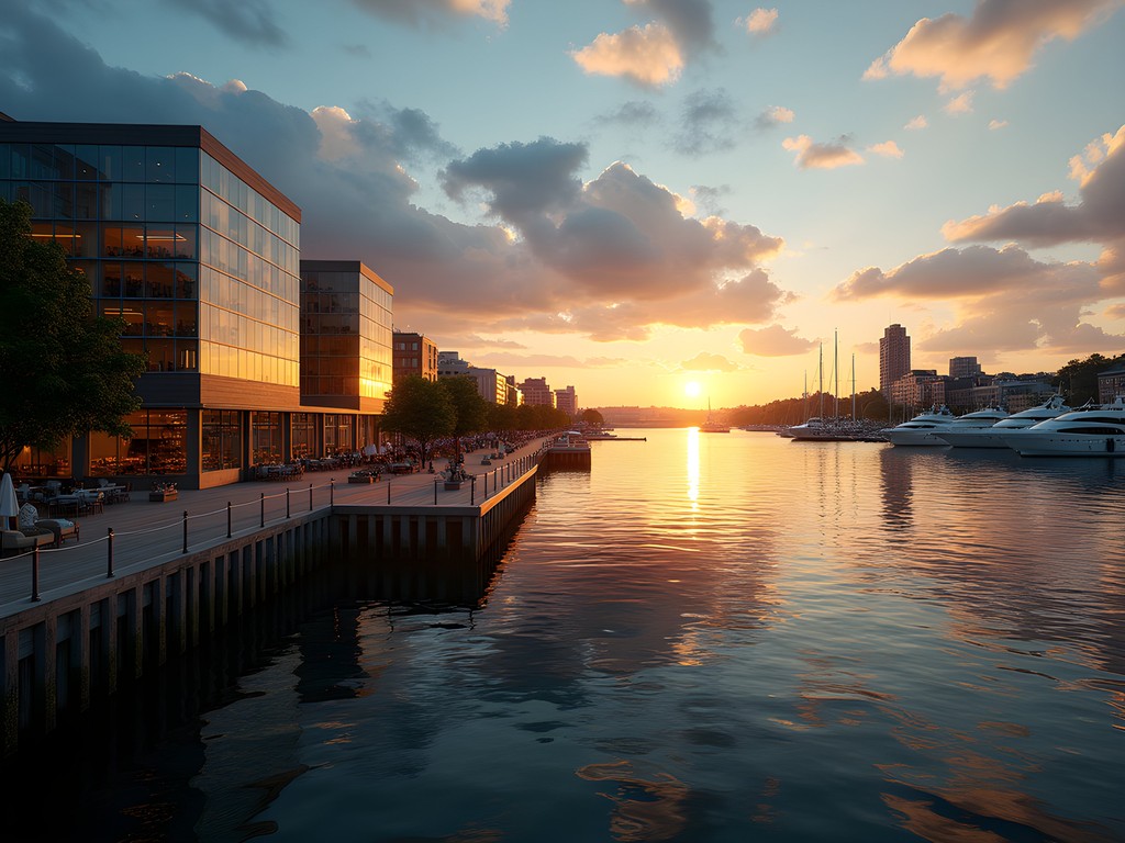 Panoramic sunset view of Oslo Harbor from Tjuvholmen district