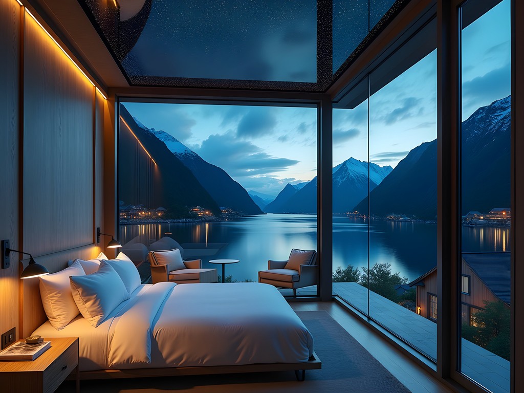 Luxury glass-roofed Aurora Suite in Flam with view of stars and fjord