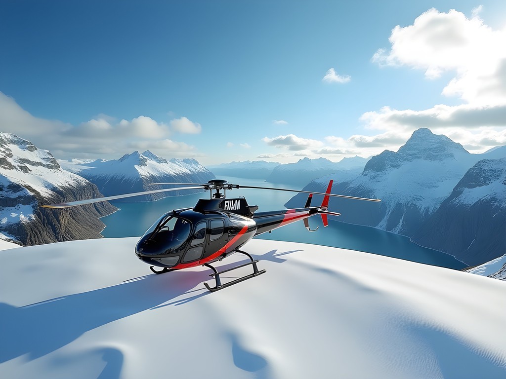 Luxury helicopter landed on glacier overlooking Norwegian fjords