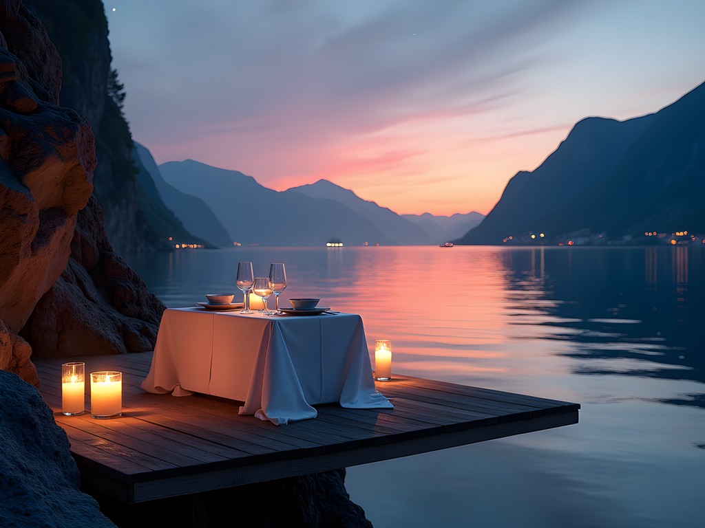 Private luxury dining platform overlooking Norwegian fjord at sunset