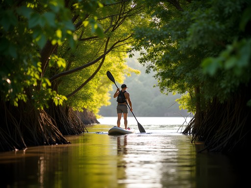 Man paddleboarding through mangrove tunnels in Fort Lauderdale ecological preserve