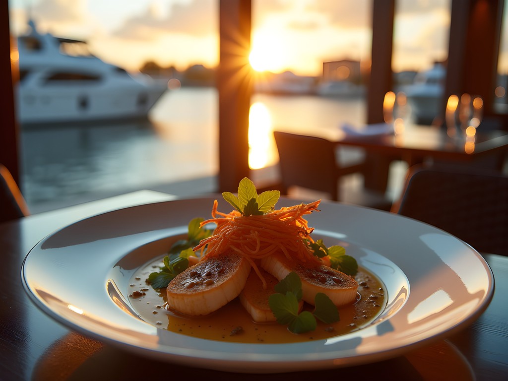 Elegant waterfront restaurant table with gourmet sustainable seafood dish and sunset view