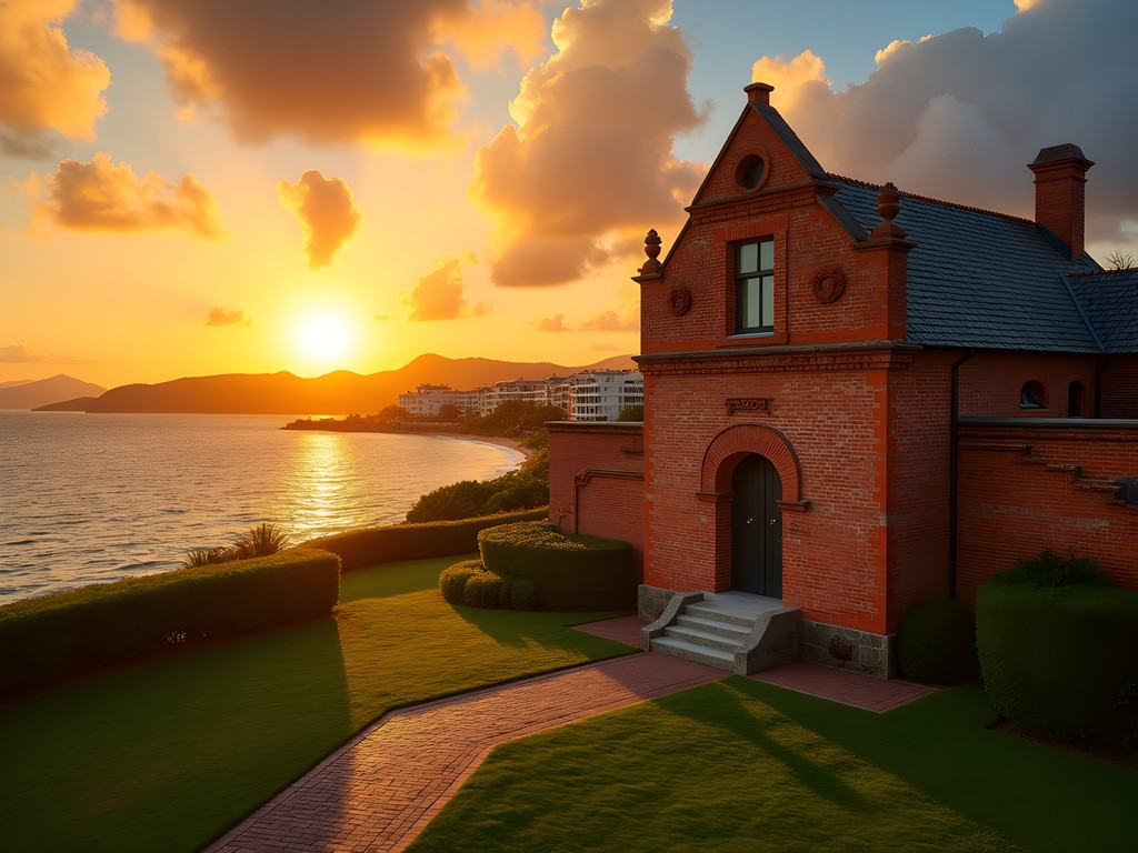 Historic Fort Frederik in Frederiksted at sunset with luxury resort visible in background