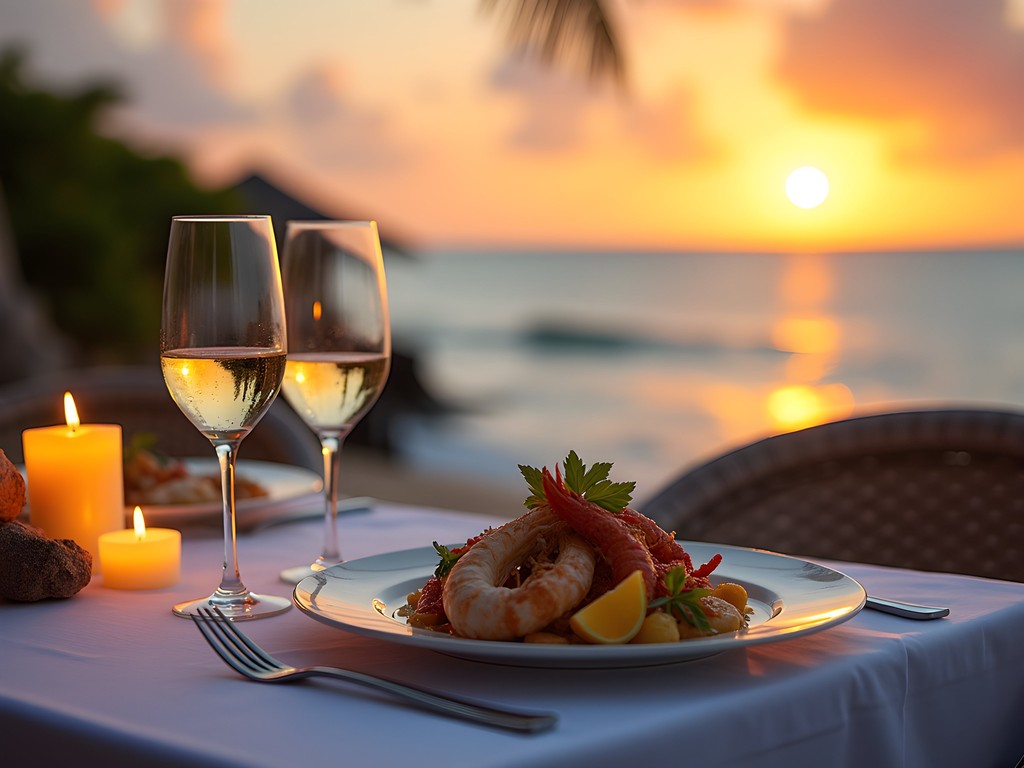 Elegant beachfront private dining setup at sunset in St. Croix with fine wine and local cuisine