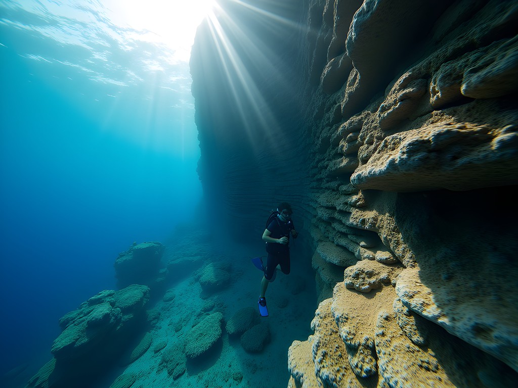 Dramatic underwater cliff formation at Cane Bay Wall with diver examining geological features