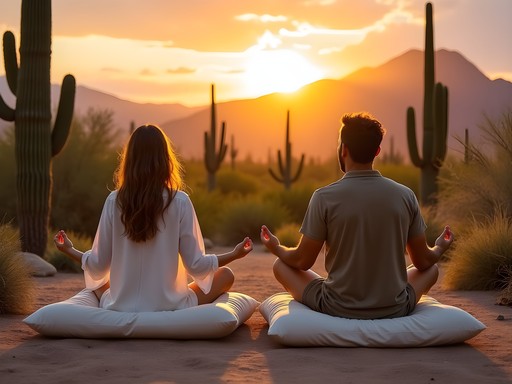 Couple experiencing guided meditation in scenic Sonoran Desert landscape near Glendale