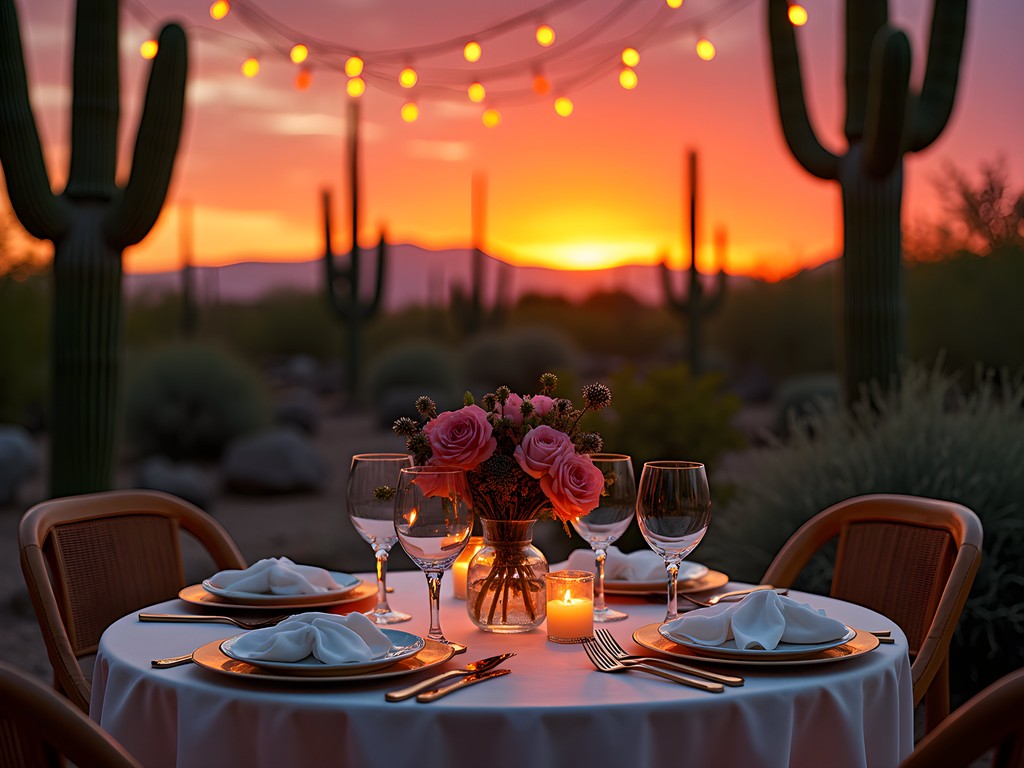 Exclusive private dining setup in Sonoran Desert with elegant table, fine china, and dramatic sunset