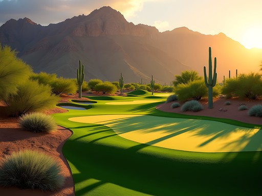 Luxury desert golf course in Glendale with dramatic mountain backdrop at sunrise